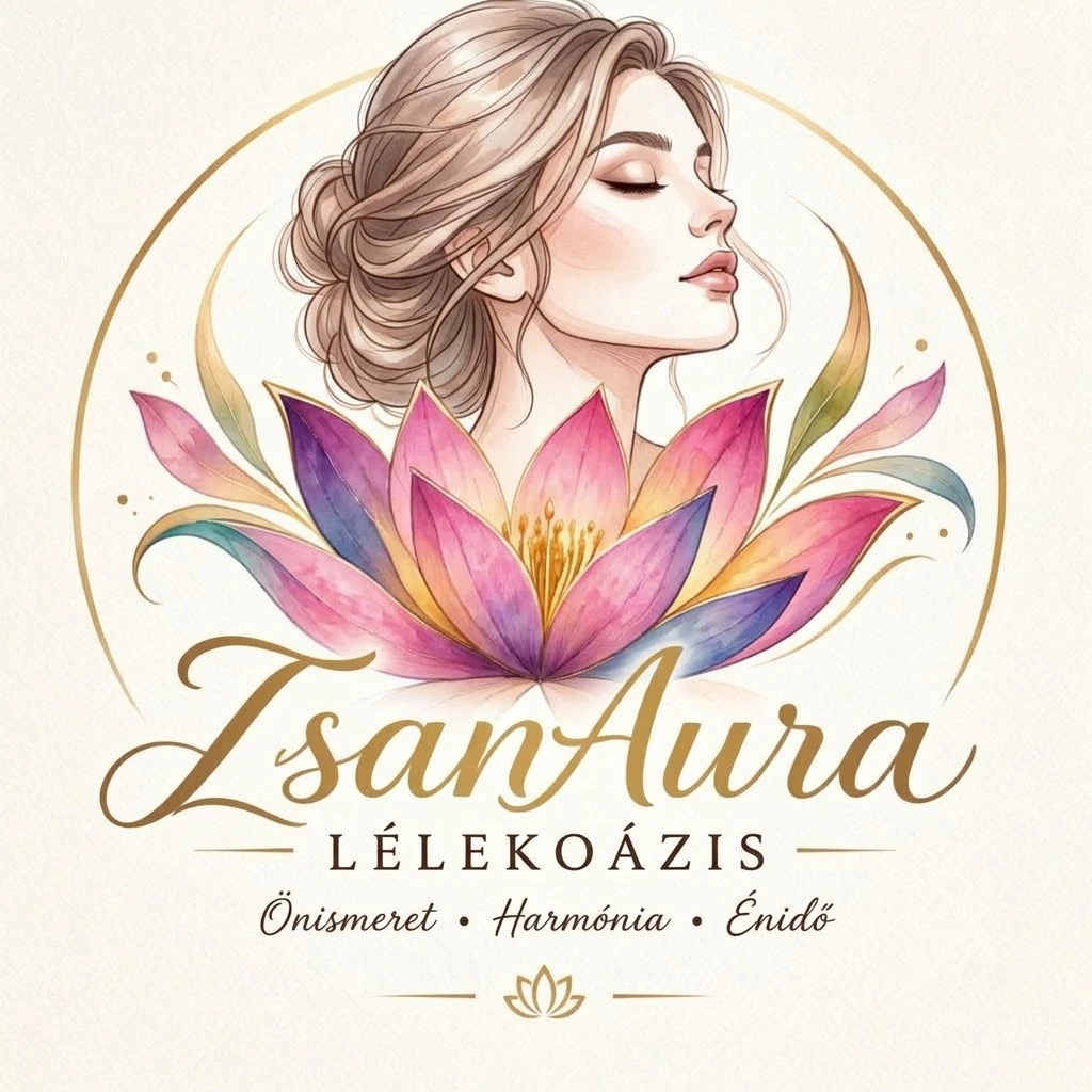 ZsanAura Lélekoázis logó – nő arcképe lótuszvirággal, Önismeret, Harmónia, Énidő